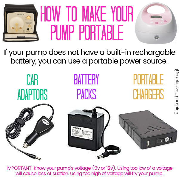 How to Make Your pump portable infographic | if your pump does not have a built-in rechargable battery, you can use a portable power source: car adaptors, battery packs, portable chargers. Make sure the voltage matches your pump.