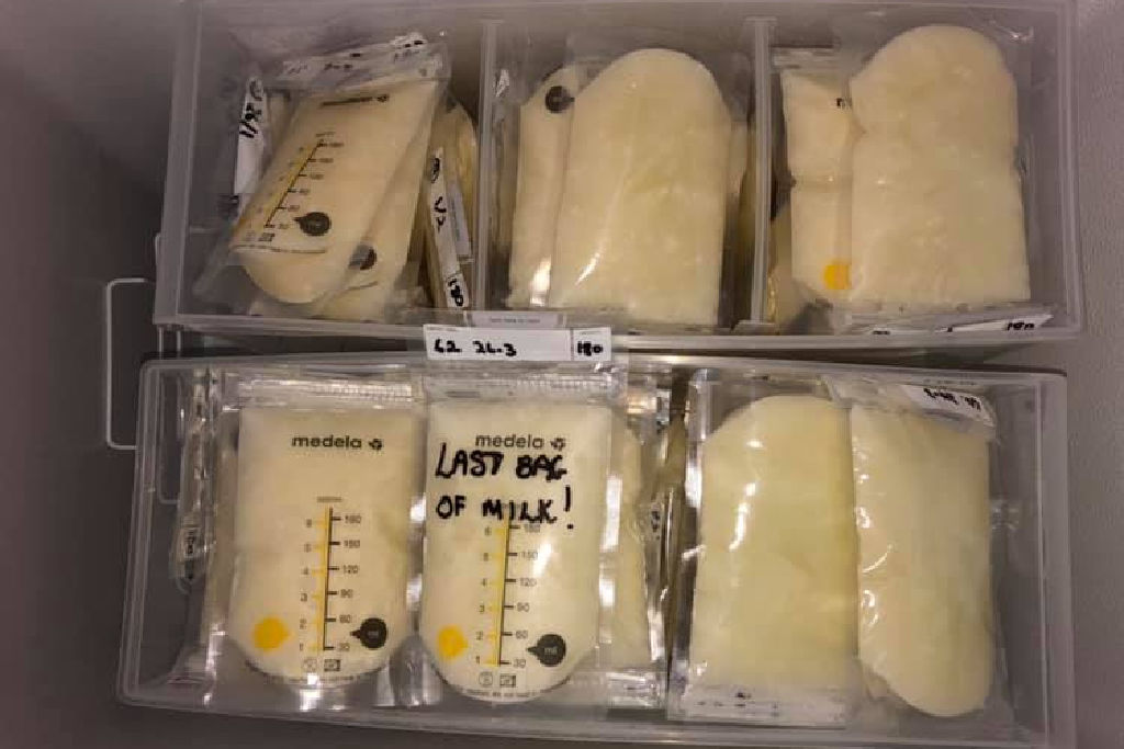 breast milk storage bags in a chest freezer