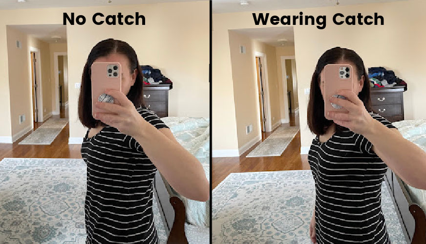 woman wearing an elvie catch next to an identical picture except she's not wearing the catch