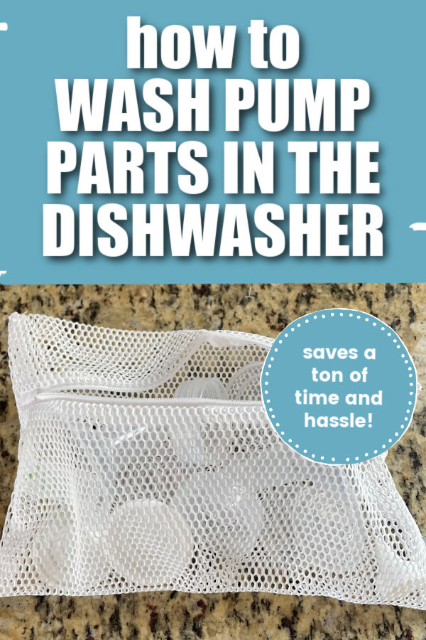 breast pump parts in a mesh dishwasher bag