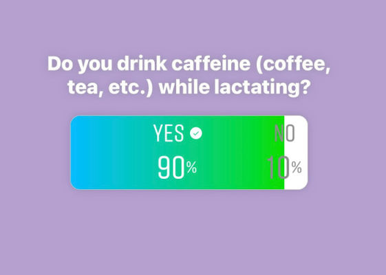 screenshot of instagram poll with the question Do you drink caffeine (coffee, tea, etc.) while lactating? Yes: 90% No: 10%