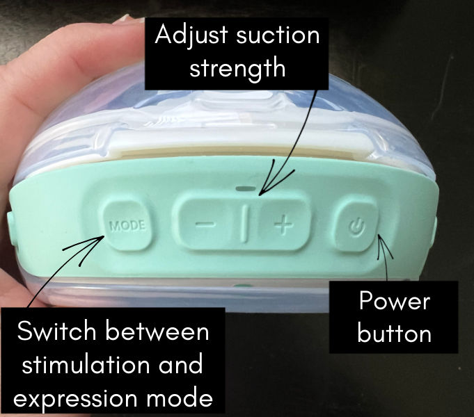 Willow Go breast pump with buttons labeled