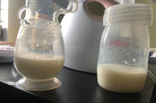 Haakaa silicone pump with a few ounces of breast milk in it, spectra bottle with a few ounces of milk in it, and spectra breast pump sitting on a brown table