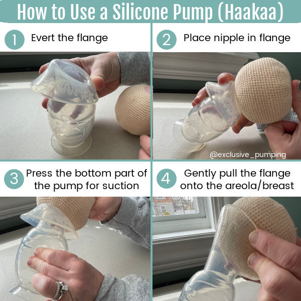 How to Use a Silicone Pump (Haakaa) | 1. Evert the flange (haakaa on a gray counter top with hand holding flange down) 2) Place nipple in flange (yarn breast placed in haakaa with flange turned down) | 3. Press the bottom part of the pump for suction (bulb of pump pressed together) | 4. Gently pull the flange onto the areola/breast (haakaa on breast with flange turned back up).