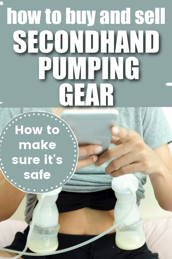 womaan sitting crosslegged wearing black shorts and a green t shirt pumping breast milk with text overlay How to Buy and Sell Secondhand Pumping Gear - How to Make Sure It's Safe