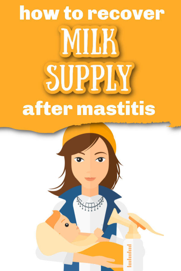 illustration of woman holding baby and a manual breast pump with text overlay How to Recover Milk Supply After Mastitis