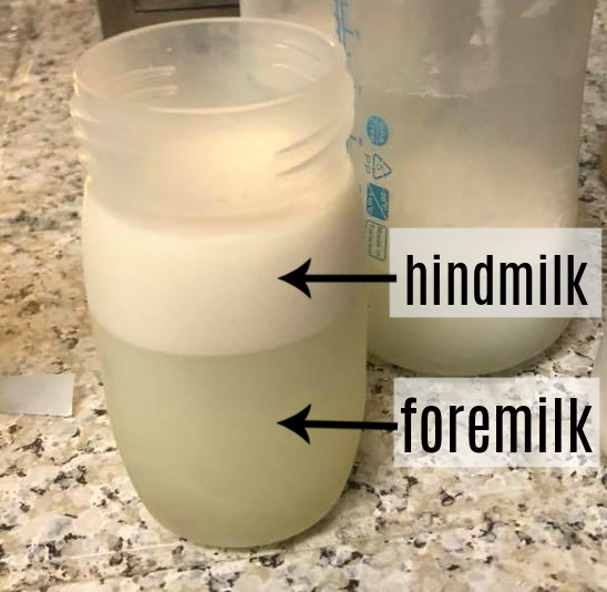 image of breast milk separated into a watery section on the bottom and a fatty section on top. The fatty section as an arrow pointing to it with the text hindmilk and the watery section has an arrow pointing to it with the text foremilk