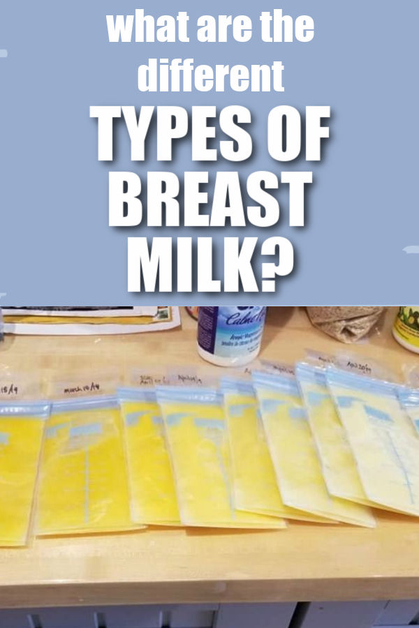 breast milk bags containing breast milk of varying shades of orange/yellow lined up flat on a counter with the darkest orange on the left and the lightest yellow on a the right with text overlay what are the different types of breast milk?