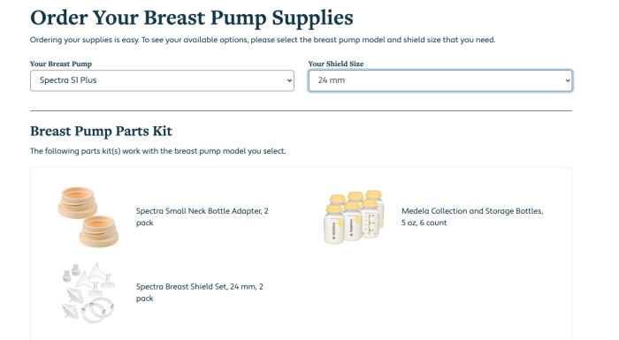 Screenshot of 1 Natural Way - Order Your Breast Pump Supply shows how you select a Breast Pump and Breast Shield Size
