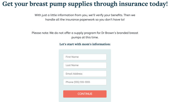 Screenshot of Milkzoom sign up page, titled Get your breast pump supplies through insurance today!