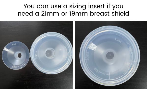 Collection cups with flange insert next to it, next to an image of flange insert inside the collection cup with text overlay You can use a sizing insert if you need a 21mm or 19mm breast shield