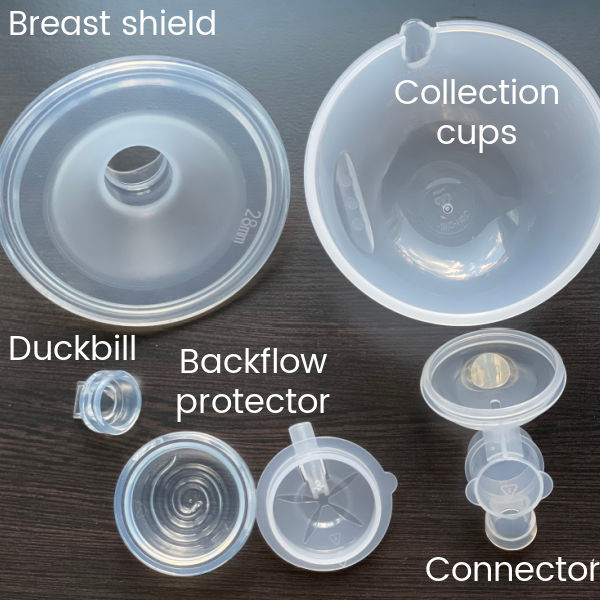 Individual parts of Legendairy Milk collection cups laid out on a blank surface. Each part has text overlay that describes what it is: Breast shield, collection cups, duckbill, backflow protector (labeled for both the diaphragm and the cap), and connector
