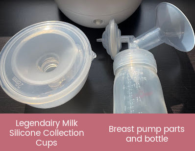 legendairy milk silicone collection cups next to spectra breast pump parts
